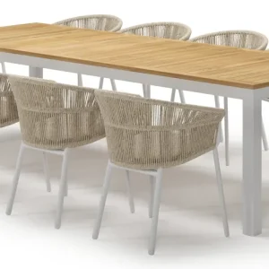 Aanbieding Varese tuinset in wit aluminium en teak met 10 Matera tuinstoelen