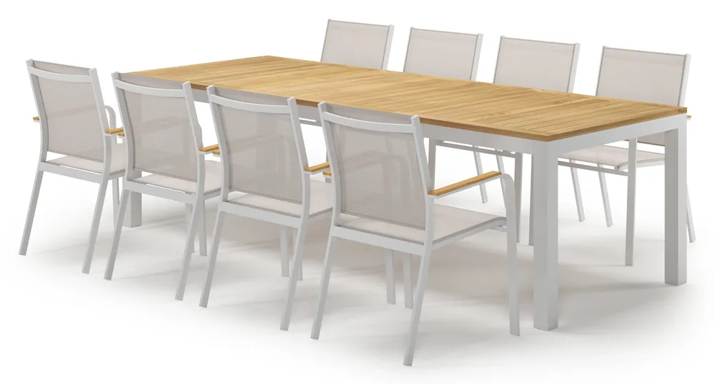 Betaalbaar Varese tuinset in wit aluminium en teak met 8 Amalfi tuinstoelen