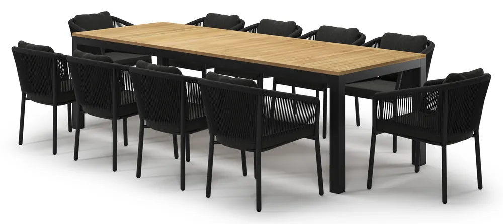 Varese tuinset in zwart aluminium en teak met 10 Gerona tuinstoelen Bestel Nu