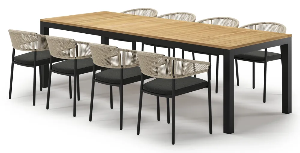 Beperkte Voorraad Varese tuinset in zwart aluminium en teak met 8 Zamora tuinstoelen