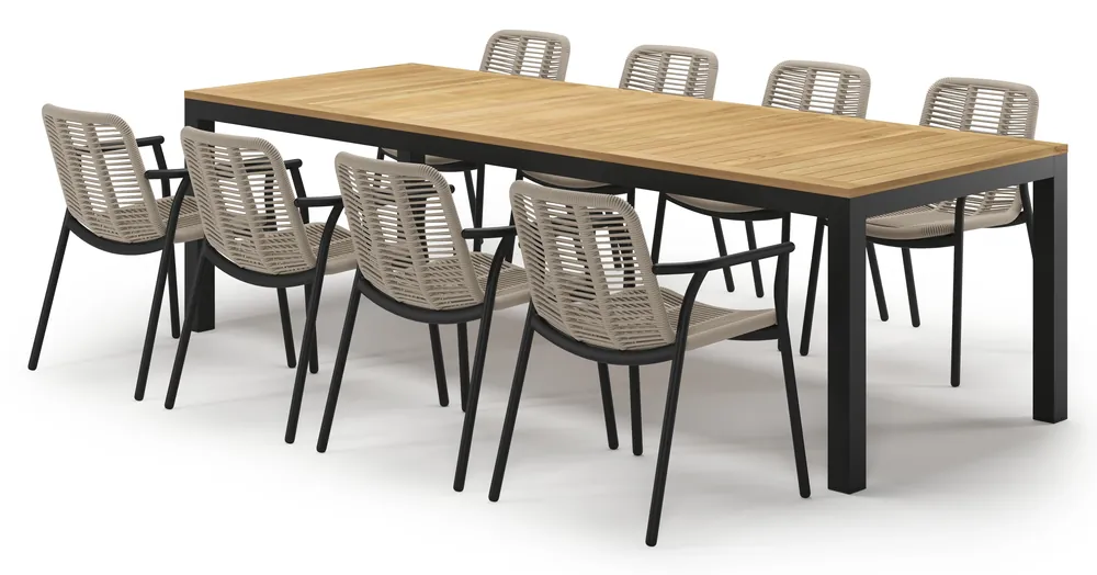 Lage Kosten Varese tuinset in zwart aluminium en teak met 8 Berga tuinstoelen