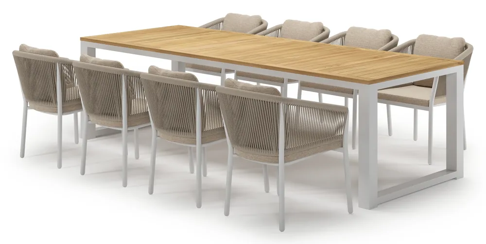 Livo tuinset in wit aluminium en teak met 8 Gerona tuinstoelen Hoge Kwaliteit