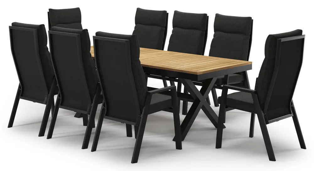 Reza tuinset in zwart aluminium en teak met 8 Leon tuinstoelen Hoge Kwaliteit