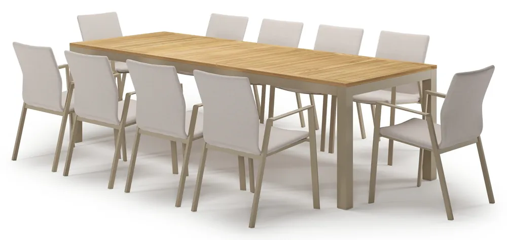 Dagaanbieding Varese tuinset in beige aluminium en teak met 10 Madura tuinstoelen