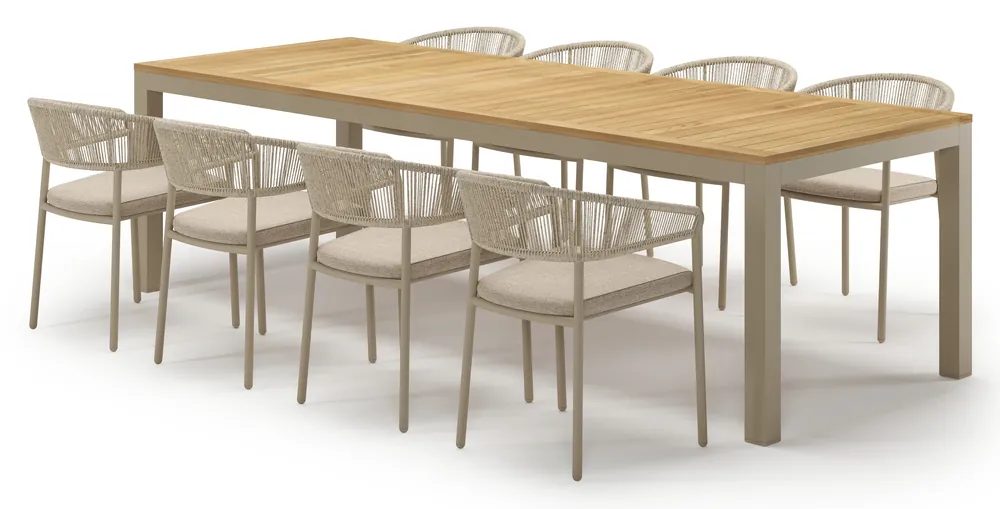 Varese tuinset in beige aluminium en teak met 8 Zamora tuinstoelen Goedkoop