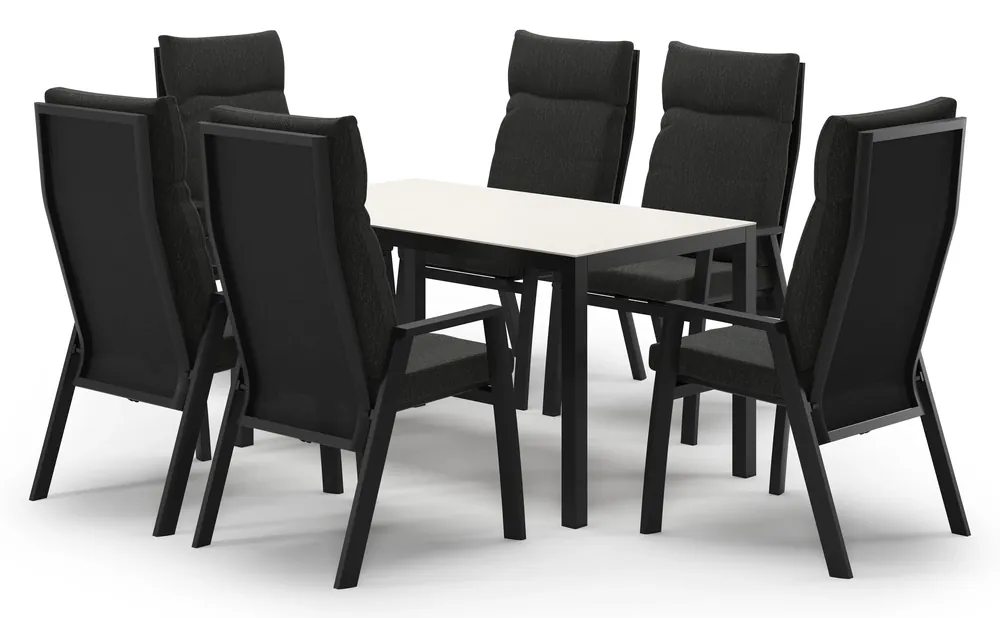 Feltro tuinset in zwart aluminium en sintered stone Crema minerale met 6 Leon tuinstoelen Premium