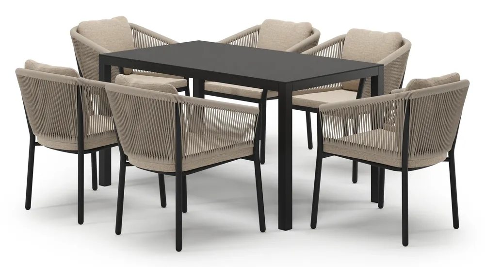 Feltro tuinset in zwart aluminium en sintered stone Notte minerale met 6 Gerona tuinstoelen Populair