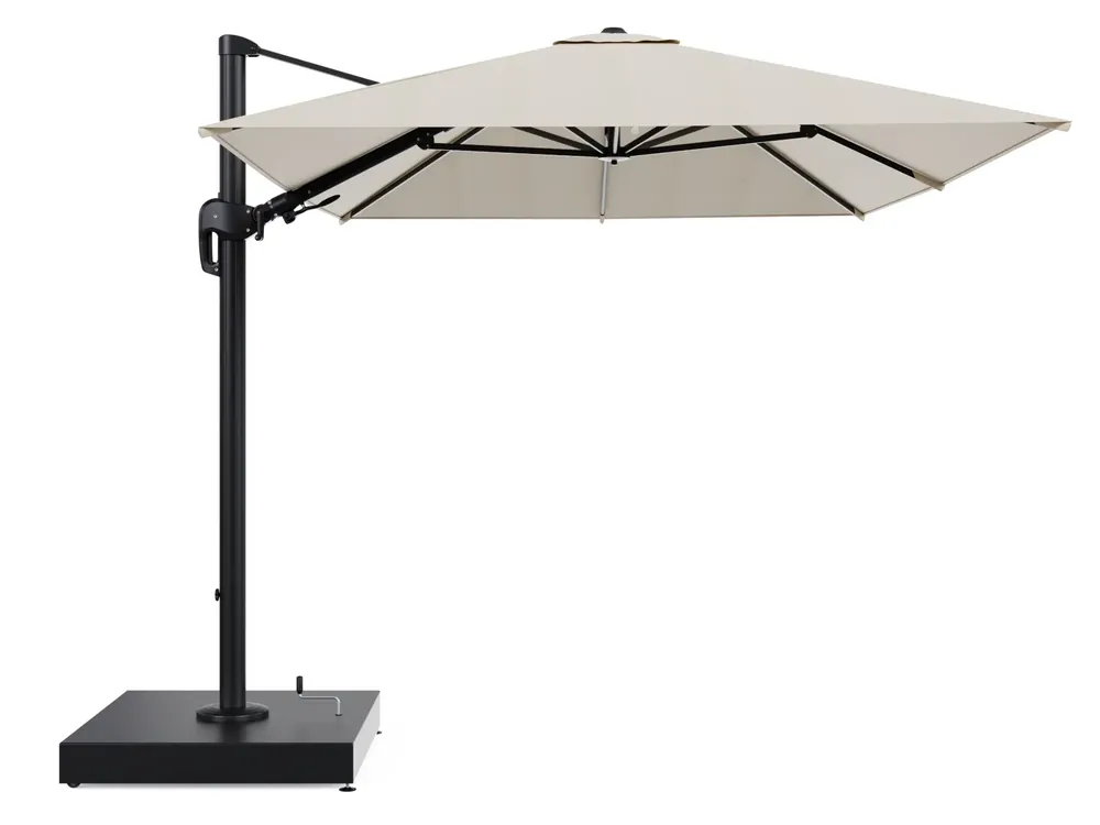 Weekendaanbieding Rufina zweefparasol met tiltfunctie in zwart aluminium en beige All Weather Sunbrella® Premium parasoldoek - L1 350 x L2 250 cm met parasolvoet Minore 260 kg met wielen