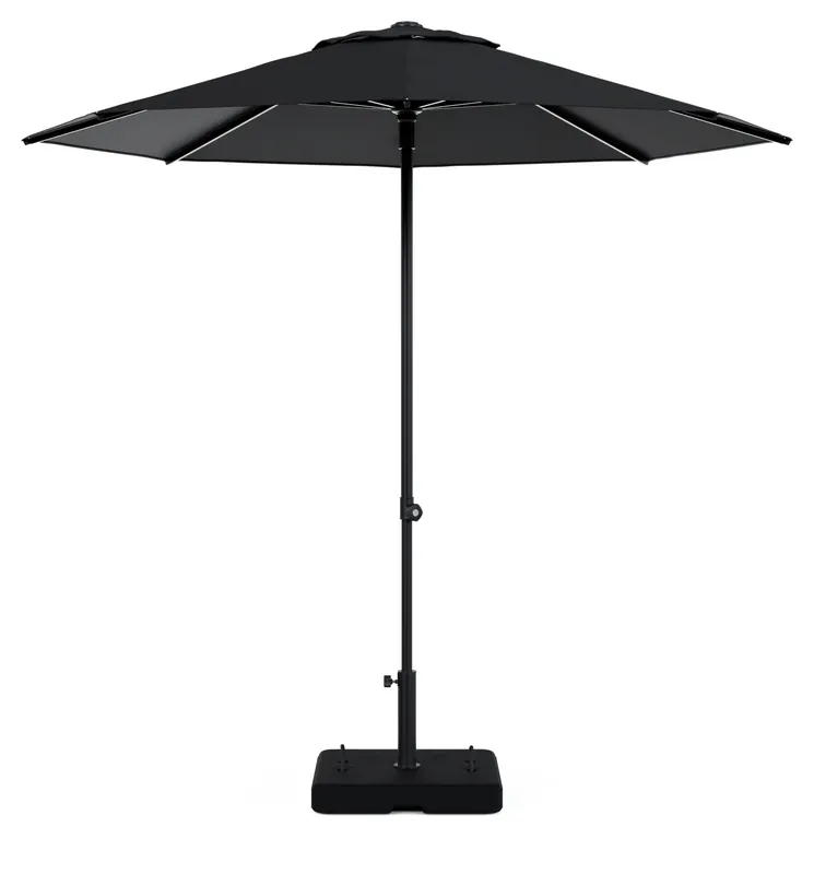 Umbria staanparasol in zwart aluminium en zwart All Weather Sunbrella® Premium parasoldoek - Dia. 250 cm met parasolvoet Intenso 60 kg Premium