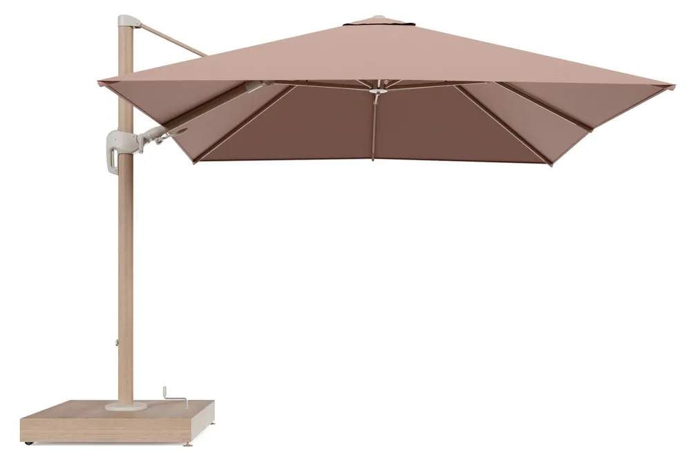 Beperkte Voorraad Rufina zweefparasol met tiltfunctie in houtlook aluminium en Lopi Fawn All Weather Sunbrella® Luxe parasoldoek - L1 300 x L2 300 cm met parasolvoet Minore 260 kg met wielen