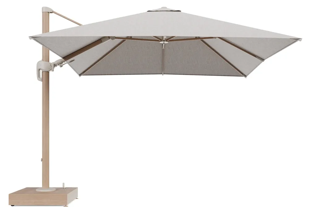 Koop Vandaag Rufina zweefparasol met tiltfunctie in houtlook aluminium en Tundra Sand All Weather Sunbrella® Luxe parasoldoek - L1 300 x L2 300 cm met parasolvoet Minore 150 kg met wielen