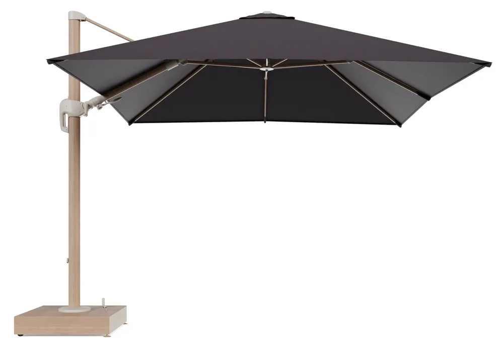 Rufina zweefparasol met tiltfunctie in houtlook aluminium en Tundra Red All Weather Sunbrella® Luxe parasoldoek - L1 300 x L2 300 cm met parasolvoet Minore 150 kg met wielen Rechtstreeks Van De Fabrikant