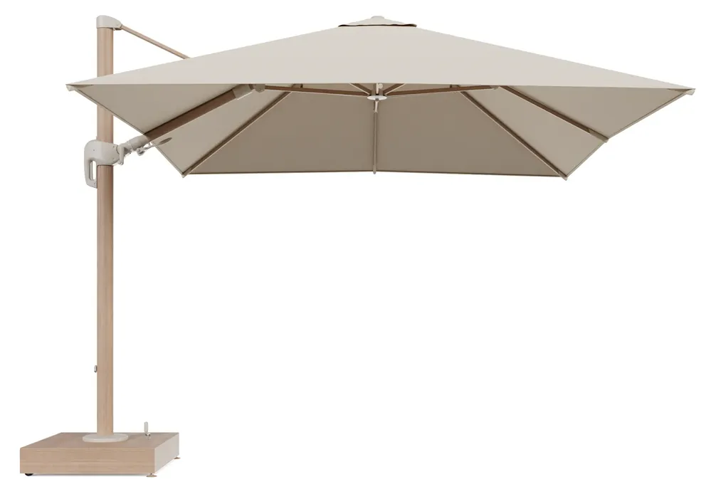 Snelle Levering Rufina zweefparasol met tiltfunctie in houtlook aluminium en Soul Papyrus All Weather Solica parasoldoek - L1 300 x L2 300 cm met parasolvoet Minore 150 kg met wielen