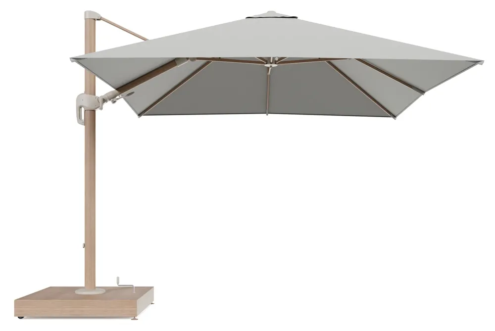 Rufina zweefparasol met tiltfunctie in houtlook aluminium en Lopi Bud All Weather Sunbrella® Luxe parasoldoek - L1 300 x L2 300 cm met parasolvoet Minore 260 kg met wielen Nu Kopen
