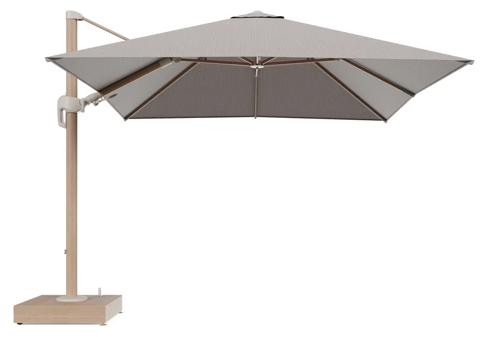 Rufina zweefparasol met tiltfunctie in houtlook aluminium en Wander Granite All Weather Sunbrella® Luxe parasoldoek - L1 300 x L2 300 cm met parasolvoet Minore 150 kg met wielen Superprijs