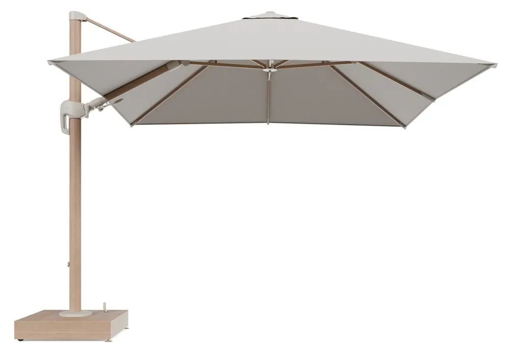 Rufina zweefparasol met tiltfunctie in houtlook aluminium en Firenze Natural All Weather Solica parasoldoek - L1 300 x L2 300 cm met parasolvoet Minore 150 kg met wielen Voordeelprijs