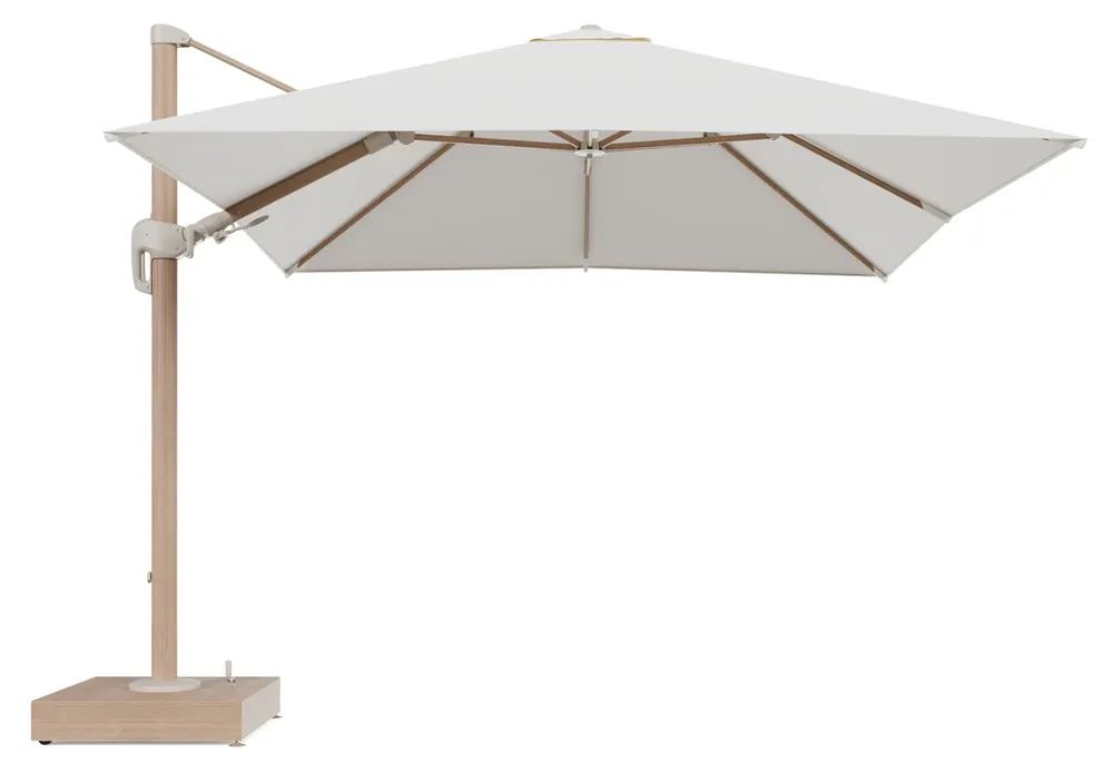 Rufina zweefparasol met tiltfunctie in houtlook aluminium en Natte White All Weather Sunbrella® Luxe parasoldoek - L1 300 x L2 300 cm met parasolvoet Minore 150 kg met wielen Exclusieve Aanbieding