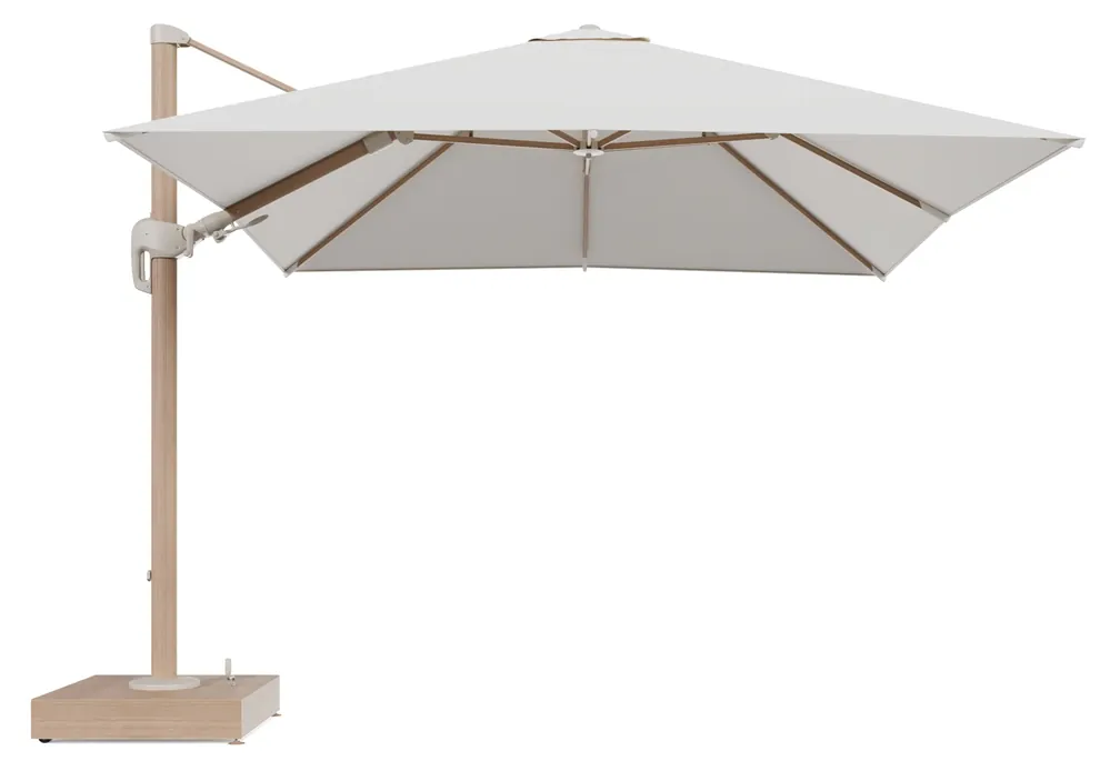 Rufina zweefparasol met tiltfunctie in houtlook aluminium en Savane White All Weather Sunbrella® Luxe parasoldoek - L1 300 x L2 300 cm met parasolvoet Minore 150 kg met wielen Lage Prijs