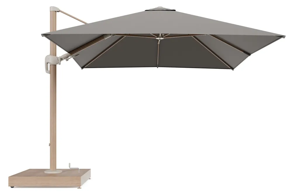 Seizoensaanbieding Rufina zweefparasol met tiltfunctie in houtlook aluminium en Lopi Charcoal All Weather Sunbrella® Luxe parasoldoek - L1 300 x L2 300 cm met parasolvoet Minore 260 kg met wielen