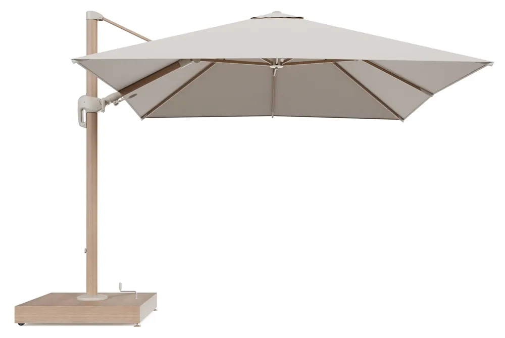 Rufina zweefparasol met tiltfunctie in houtlook aluminium en Lopi Antique All Weather Sunbrella® Luxe parasoldoek - L1 300 x L2 300 cm met parasolvoet Minore 260 kg met wielen Koop Online