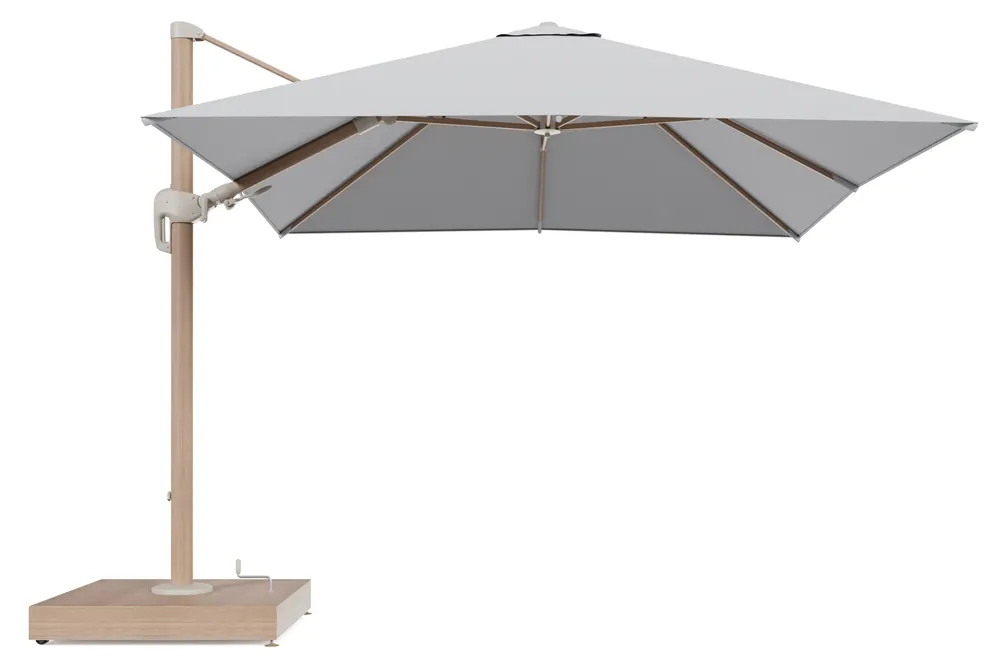 Rufina zweefparasol met tiltfunctie in houtlook aluminium en Lopi Ash All Weather Sunbrella® Luxe parasoldoek - L1 300 x L2 300 cm met parasolvoet Minore 260 kg met wielen Hoge Kwaliteit