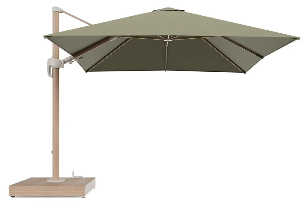 Rufina zweefparasol met tiltfunctie in houtlook aluminium en Heritage Leaf All Weather Sunbrella® Luxe parasoldoek - L1 300 x L2 300 cm met parasolvoet Minore 260 kg met wielen Flitsaanbieding