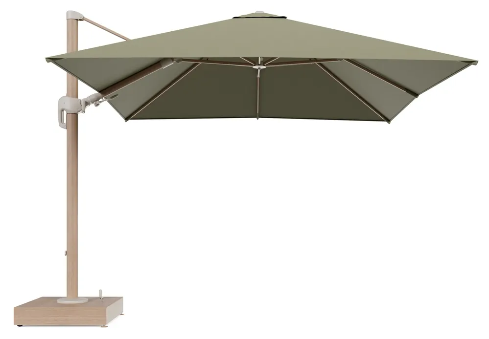 Actieprijs Rufina zweefparasol met tiltfunctie in houtlook aluminium en Heritage Leaf All Weather Sunbrella® Luxe parasoldoek - L1 300 x L2 300 cm met parasolvoet Minore 150 kg met wielen