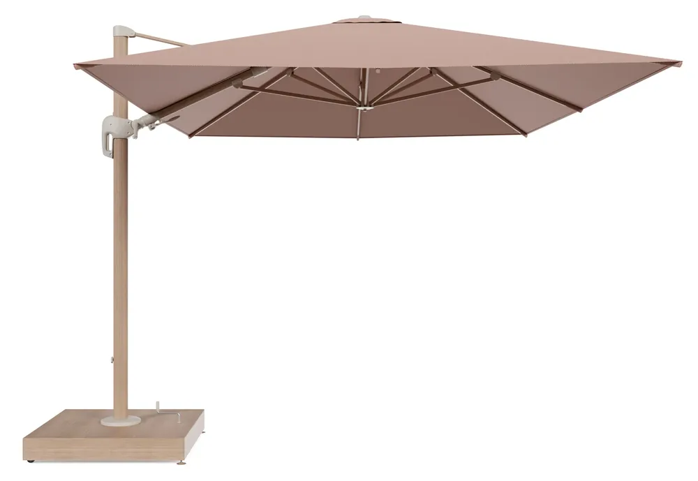 Rufina zweefparasol met tiltfunctie in houtlook aluminium en Lopi Fawn All Weather Sunbrella® Luxe parasoldoek - L1 400 x L2 300 cm met parasolvoet Minore 260 kg met wielen Uitverkoop