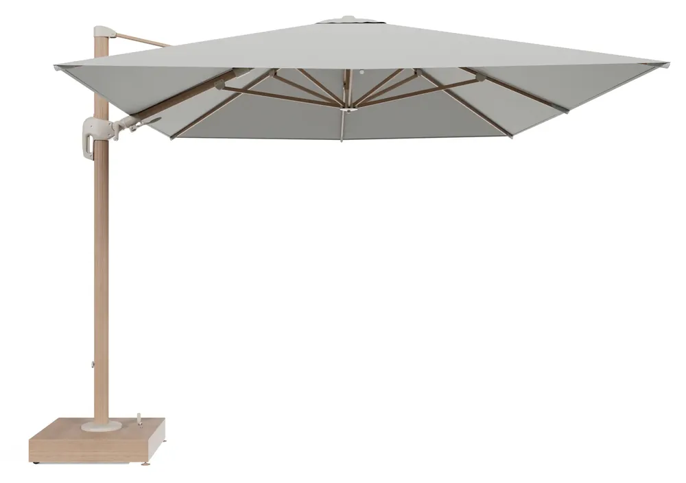Rufina zweefparasol met tiltfunctie in houtlook aluminium en Lopi Bud All Weather Sunbrella® Luxe parasoldoek - L1 400 x L2 300 cm met parasolvoet Minore 150 kg met wielen Alleen Vandaag