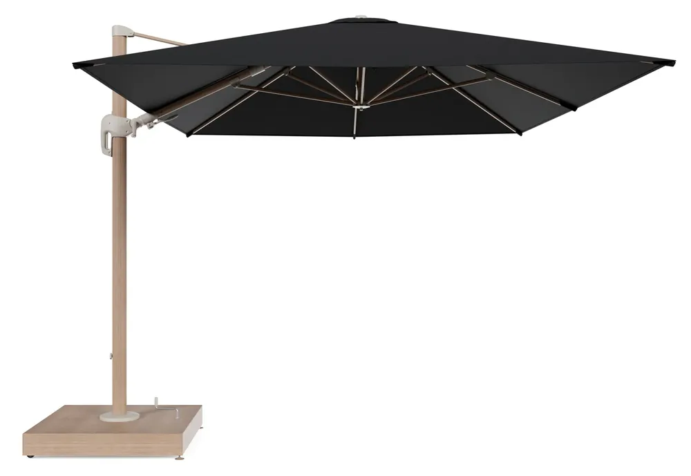 Rufina zweefparasol met tiltfunctie in houtlook aluminium en Lopi Baribal All Weather Sunbrella® Luxe parasoldoek - L1 400 x L2 300 cm met parasolvoet Minore 260 kg met wielen Favoriet
