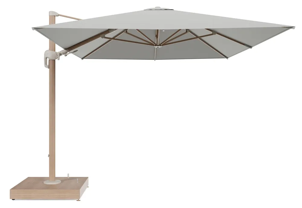Rufina zweefparasol met tiltfunctie in houtlook aluminium en Lopi Bud All Weather Sunbrella® Luxe parasoldoek - L1 400 x L2 300 cm met parasolvoet Minore 260 kg met wielen Betrouwbaar