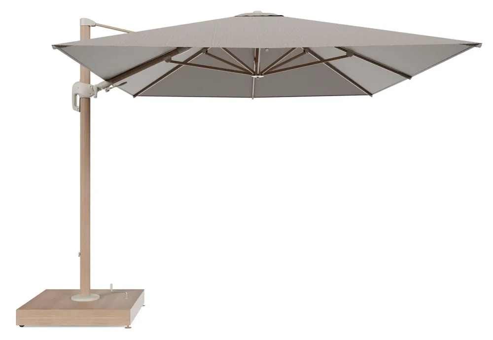 Nieuw Rufina zweefparasol met tiltfunctie in houtlook aluminium en Wander Manioc All Weather Sunbrella® Luxe parasoldoek - L1 400 x L2 300 cm met parasolvoet Minore 260 kg met wielen