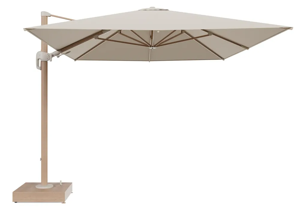 Aanbieding Rufina zweefparasol met tiltfunctie in houtlook aluminium en Soul Papyrus All Weather Solica parasoldoek - L1 400 x L2 300 cm met parasolvoet Minore 150 kg met wielen