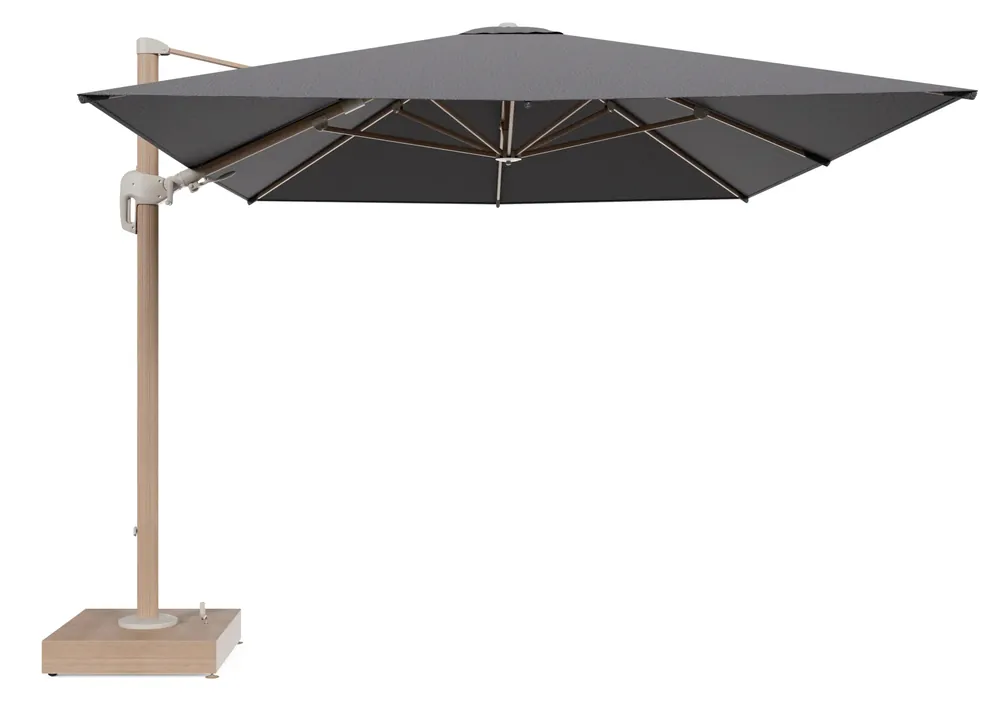 Rufina zweefparasol met tiltfunctie in houtlook aluminium en Firenze Tunder All Weather Solica parasoldoek - L1 400 x L2 300 cm met parasolvoet Minore 150 kg met wielen Merkproduct