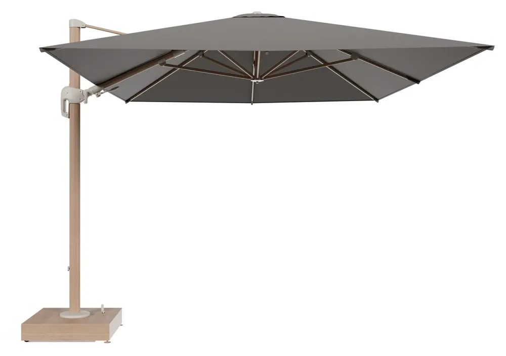 Rufina zweefparasol met tiltfunctie in houtlook aluminium en Natte Carbon beige All Weather Sunbrella® Luxe parasoldoek - L1 400 x L2 300 cm met parasolvoet Minore 150 kg met wielen Beste Prijs