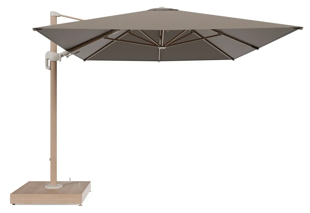 Rufina zweefparasol met tiltfunctie in houtlook aluminium en Natte Heather Grey All Weather Sunbrella® Luxe parasoldoek - L1 400 x L2 300 cm met parasolvoet Minore 260 kg met wielen Direct Beschikbaar