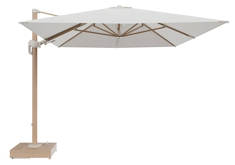 Beste Prijs Rufina zweefparasol met tiltfunctie in houtlook aluminium en Savane White All Weather Sunbrella® Luxe parasoldoek - L1 400 x L2 300 cm met parasolvoet Minore 150 kg met wielen