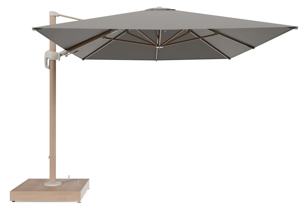 Rufina zweefparasol met tiltfunctie in houtlook aluminium en Lopi Charcoal All Weather Sunbrella® Luxe parasoldoek - L1 400 x L2 300 cm met parasolvoet Minore 260 kg met wielen Merkproduct