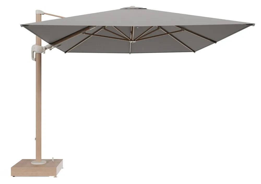 Shop Nu Rufina zweefparasol met tiltfunctie in houtlook aluminium en Lopi Silver All Weather Sunbrella® Luxe parasoldoek - L1 400 x L2 300 cm met parasolvoet Minore 150 kg met wielen
