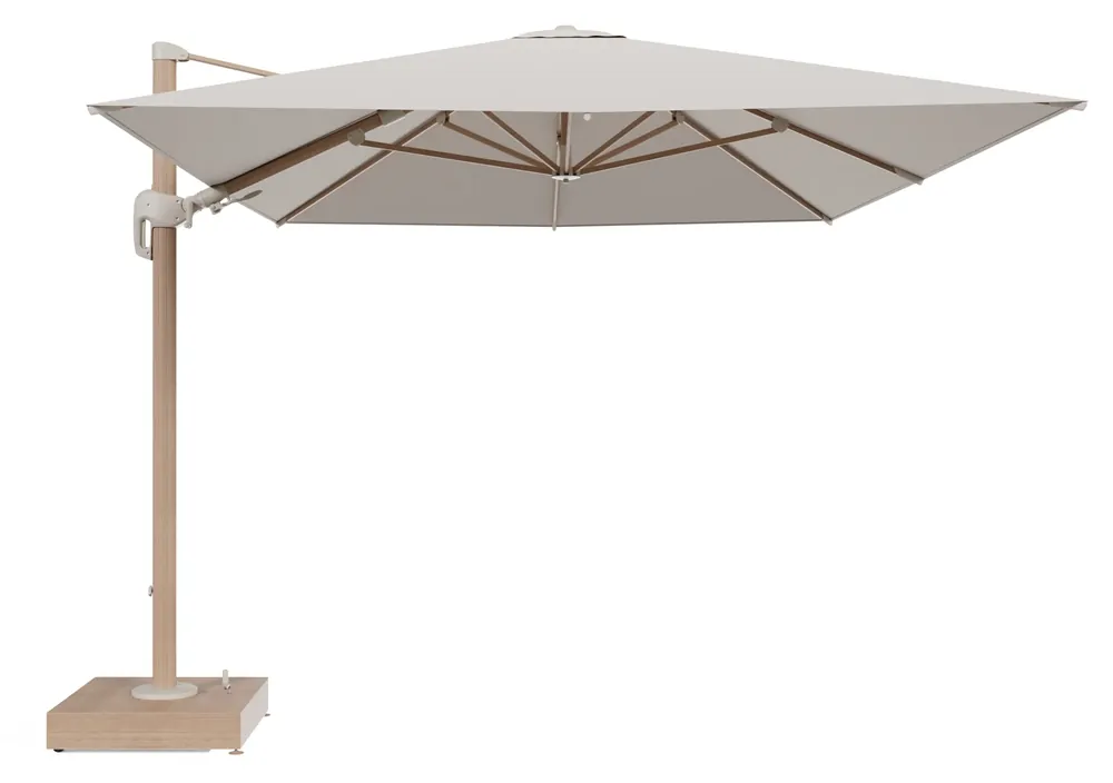 Korting Rufina zweefparasol met tiltfunctie in houtlook aluminium en Lopi Antique All Weather Sunbrella® Luxe parasoldoek - L1 400 x L2 300 cm met parasolvoet Minore 150 kg met wielen