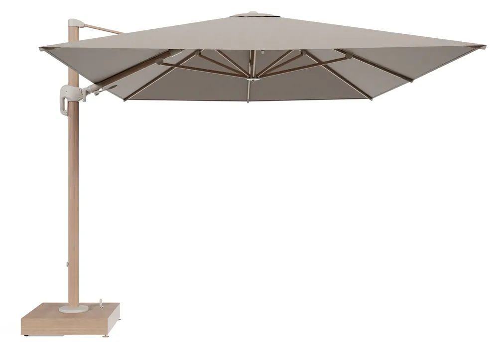 Hete Deal Rufina zweefparasol met tiltfunctie in houtlook aluminium en Savane Coconut All Weather Sunbrella® Luxe parasoldoek - L1 400 x L2 300 cm met parasolvoet Minore 150 kg met wielen