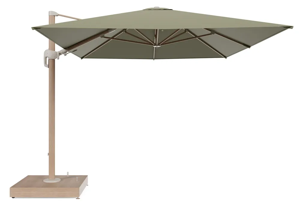 Rufina zweefparasol met tiltfunctie in houtlook aluminium en Heritage Leaf All Weather Sunbrella® Luxe parasoldoek - L1 400 x L2 300 cm met parasolvoet Minore 260 kg met wielen Betaalbaar