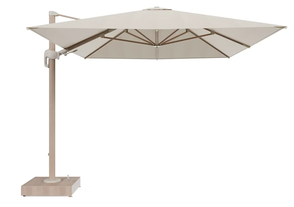 Rufina zweefparasol met tiltfunctie in houtlook aluminium en beige All Weather Sunbrella® Premium parasoldoek - L1 400 x L2 300 cm met parasolvoet Minore 150 kg met wielen Gereduceerde Prijs