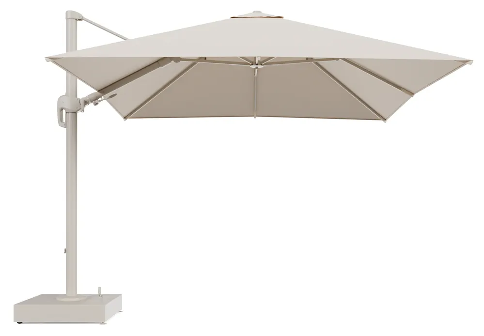 Merkproduct Rufina zweefparasol met tiltfunctie in beige aluminium en Heritage Papyrus All Weather Sunbrella® Luxe parasoldoek - L1 300 x L2 300 cm met parasolvoet Minore 150 kg met wielen