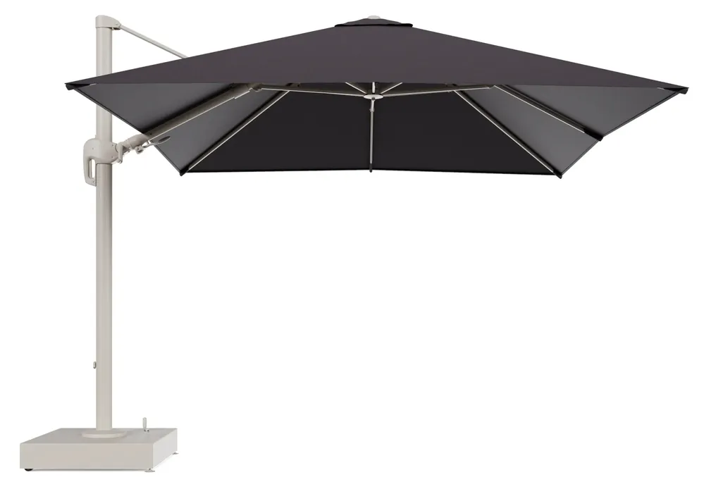 Exclusieve Aanbieding Rufina zweefparasol met tiltfunctie in beige aluminium en Tundra Red All Weather Sunbrella® Luxe parasoldoek - L1 300 x L2 300 cm met parasolvoet Minore 150 kg met wielen