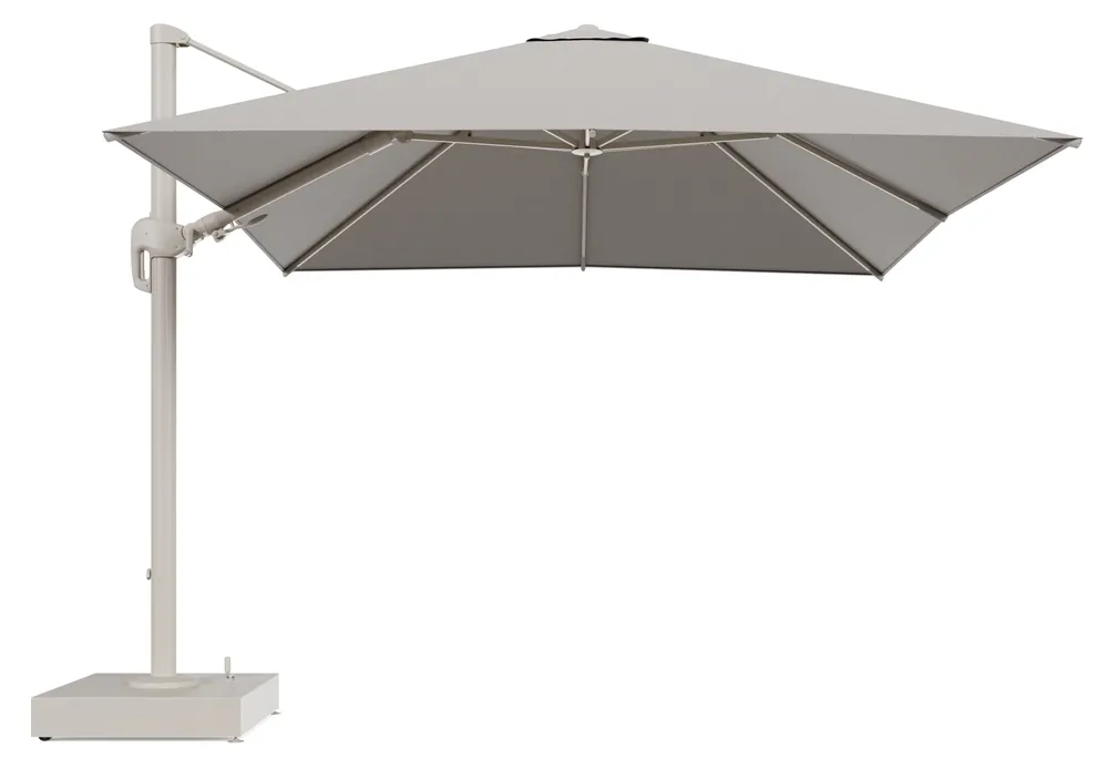 Rufina zweefparasol met tiltfunctie in beige aluminium en Lopi Fossil All Weather Sunbrella® Luxe parasoldoek - L1 300 x L2 300 cm met parasolvoet Minore 150 kg met wielen Populair