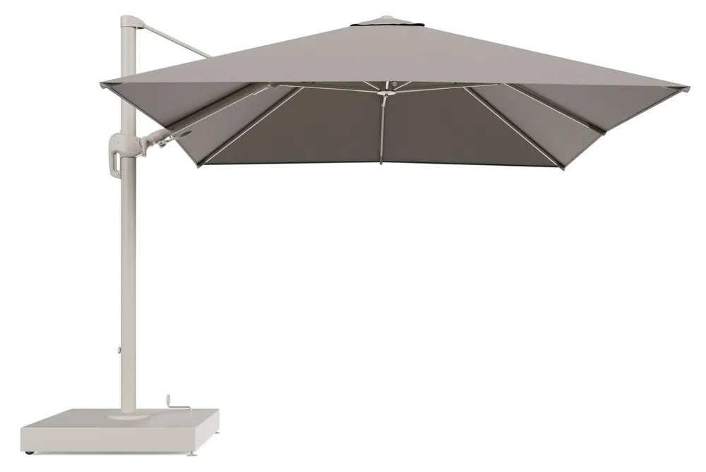Rufina zweefparasol met tiltfunctie in beige aluminium en Lopi Pepper All Weather Sunbrella® Luxe parasoldoek - L1 300 x L2 300 cm met parasolvoet Minore 260 kg met wielen Premium