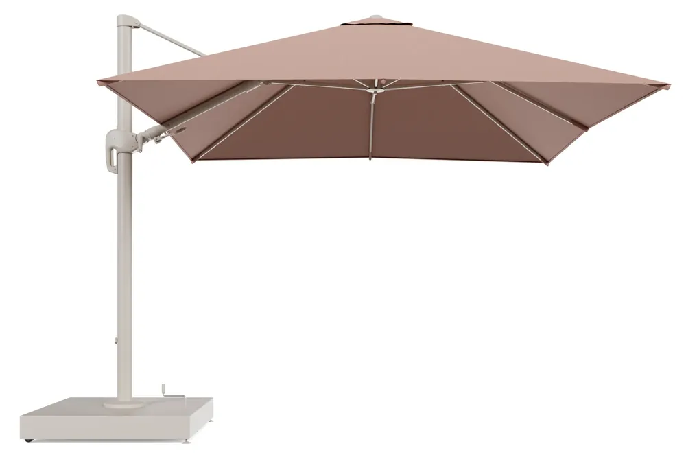 Express Levering Rufina zweefparasol met tiltfunctie in beige aluminium en Lopi Fawn All Weather Sunbrella® Luxe parasoldoek - L1 300 x L2 300 cm met parasolvoet Minore 260 kg met wielen