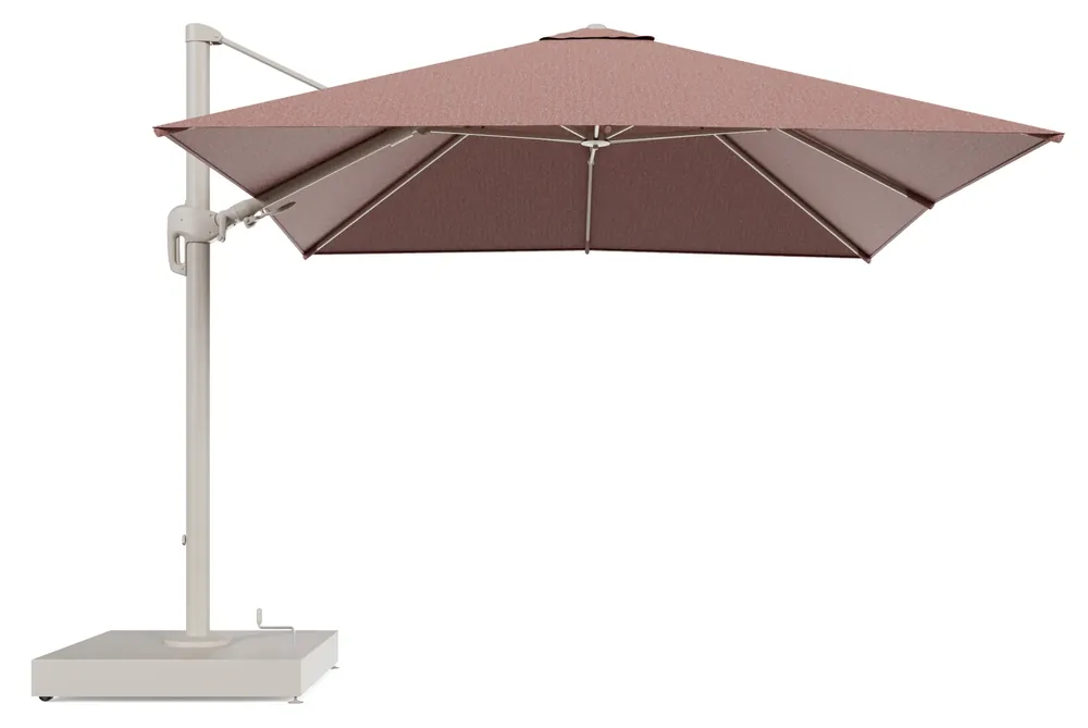 Gecertificeerd Rufina zweefparasol met tiltfunctie in beige aluminium en Slow Alezan All Weather Sunbrella® Luxe parasoldoek - L1 300 x L2 300 cm met parasolvoet Minore 260 kg met wielen