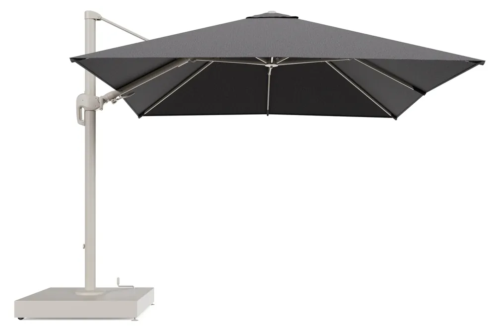 Rufina zweefparasol met tiltfunctie in beige aluminium en Firenze Tunder All Weather Solica parasoldoek - L1 300 x L2 300 cm met parasolvoet Minore 260 kg met wielen Merkproduct